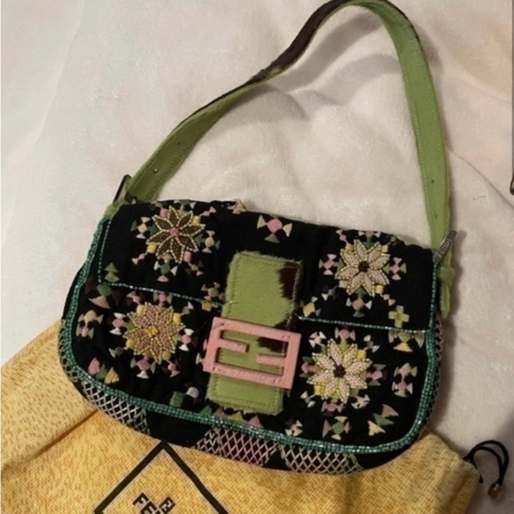 Fendi Vintage Beaded BaguetteEmbellished Multicolor Green Pink Bag